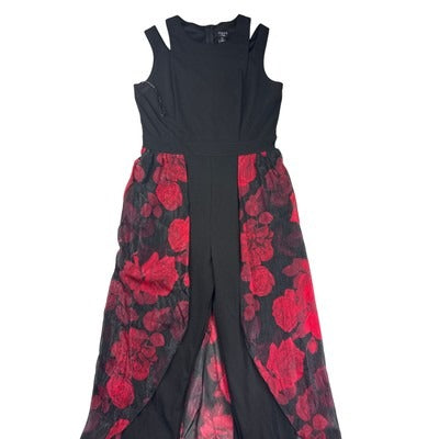 Women’s Alexa B Nites Black Cold Shoulder Jumpsuit w/Sheer Rose Skirt Sz 14
