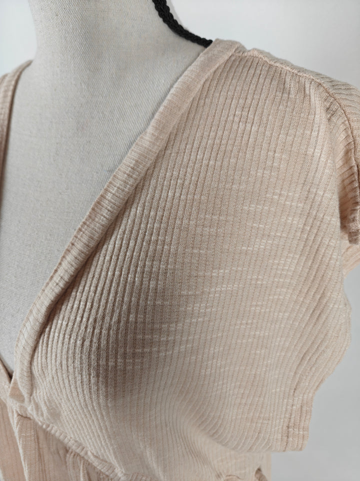 Women’s Pull&amp;Bear Babydoll Dress Beige Ribbed Tie Waist Size L