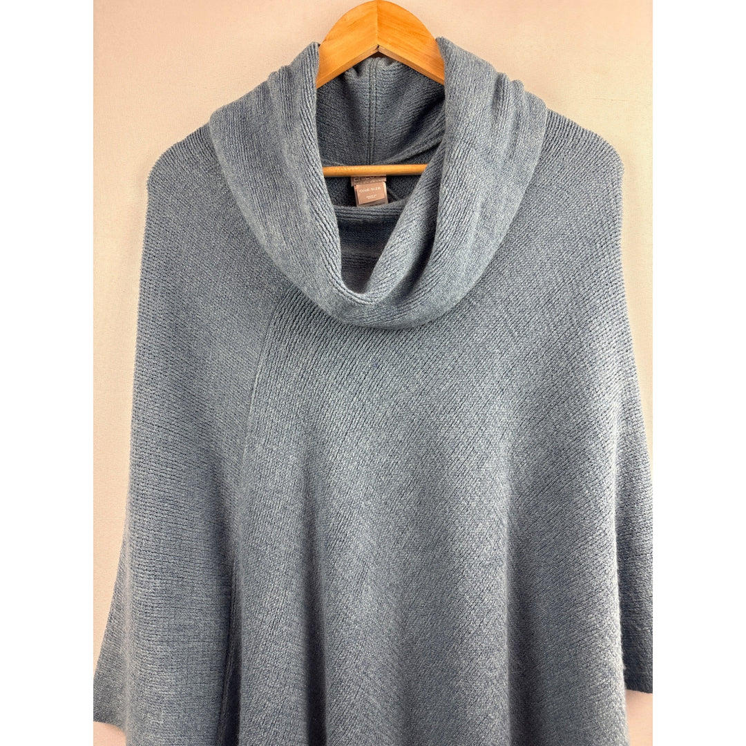 Chicos Blue Knit Poncho With Fringe Hem & Cowl Neck One Size