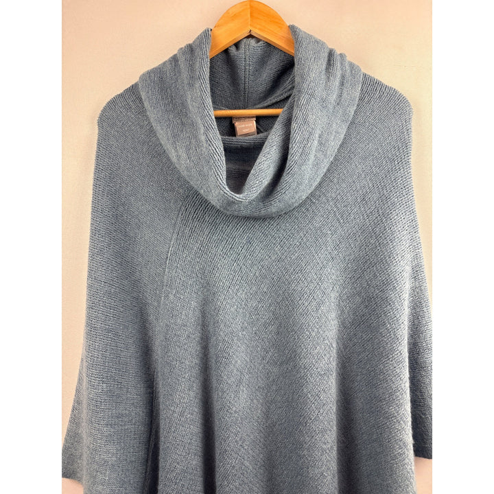 Chicos Blue Knit Poncho With Fringe Hem & Cowl Neck One Size