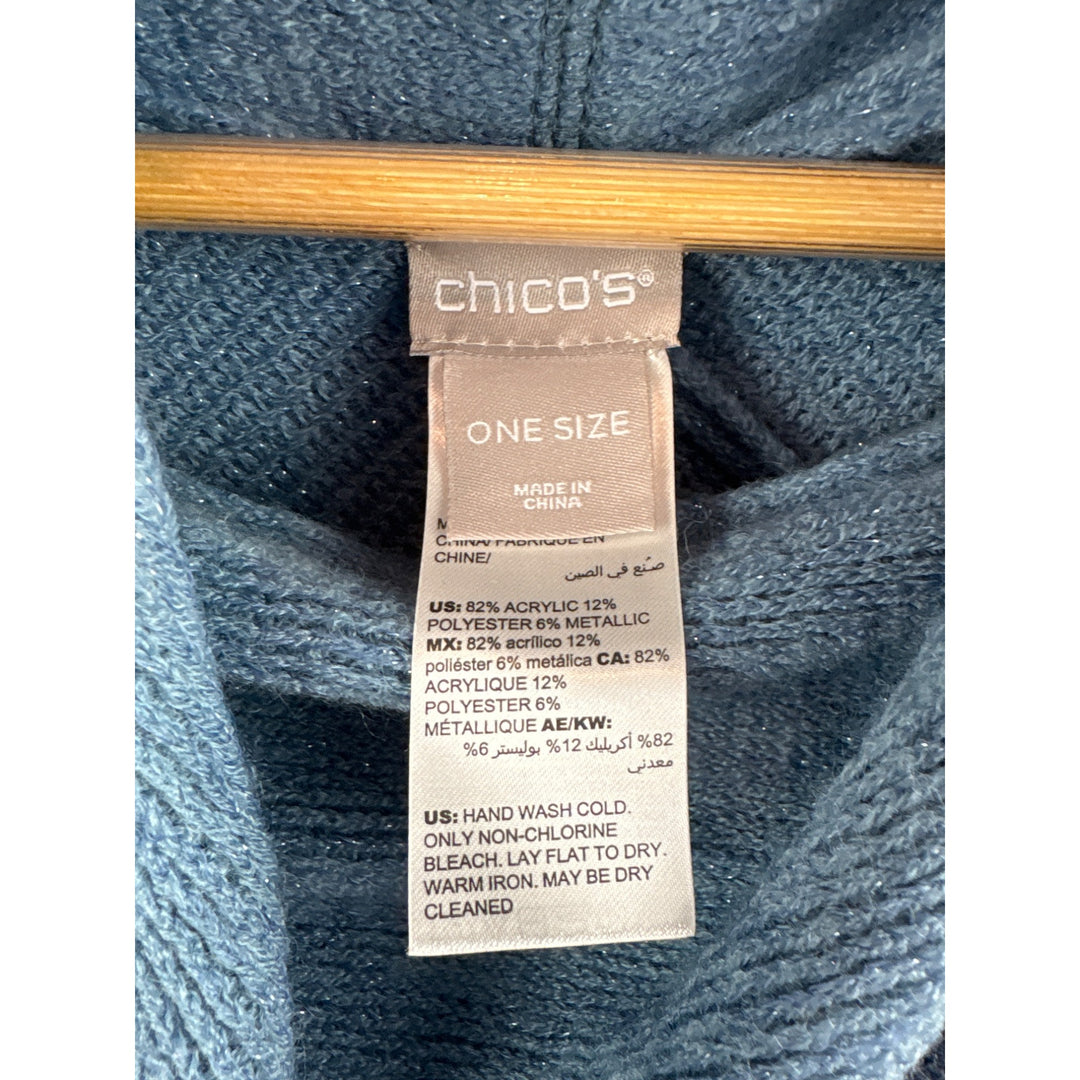 Chicos Blue Knit Poncho With Fringe Hem & Cowl Neck One Size