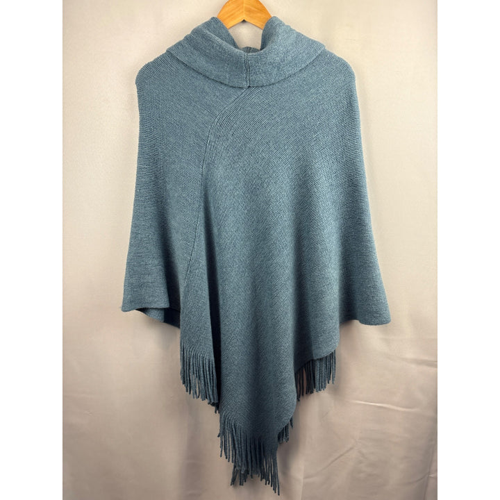 Chicos Blue Knit Poncho With Fringe Hem & Cowl Neck One Size