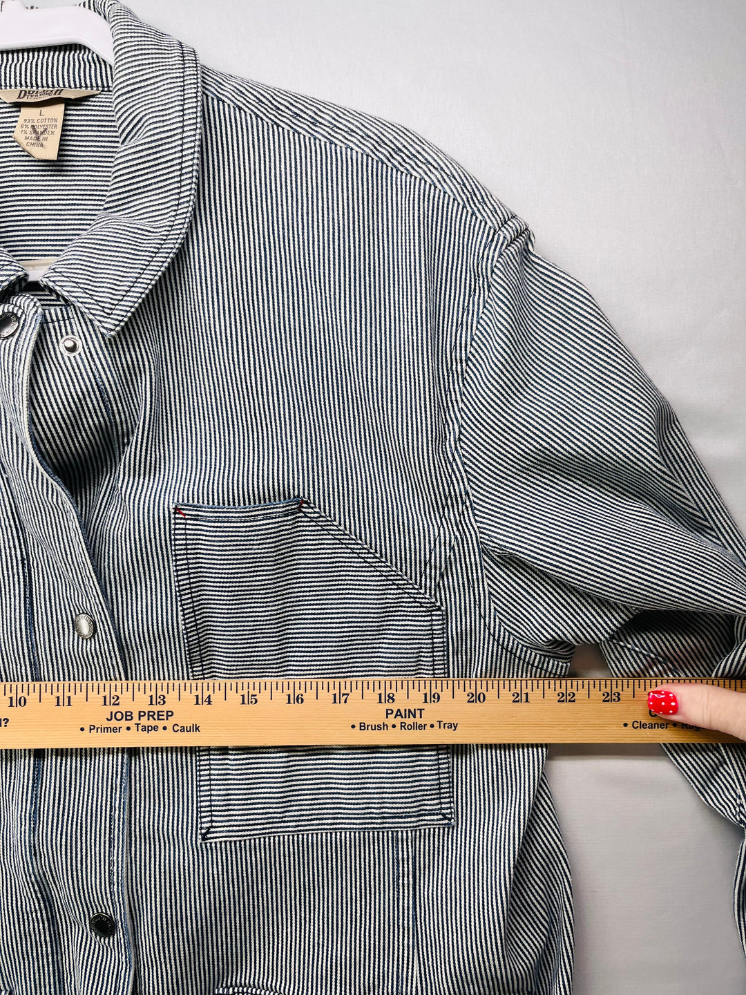 Duluth Trading Co Hickory Stripe Chore Coat Workwear Railroad inspired Denim Jacket