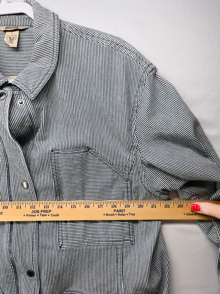 Duluth Trading Co Hickory Stripe Chore Coat Workwear Railroad inspired Denim Jacket