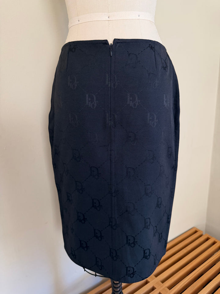 Vintage Christian Dior by John Galliano Black Trotter Monogram Jacquard Pencil Skirt