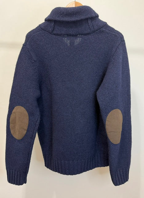 L.L.Bean 100% Shetland Wool Navy Sweater –Brown Elbow Patches, SzM