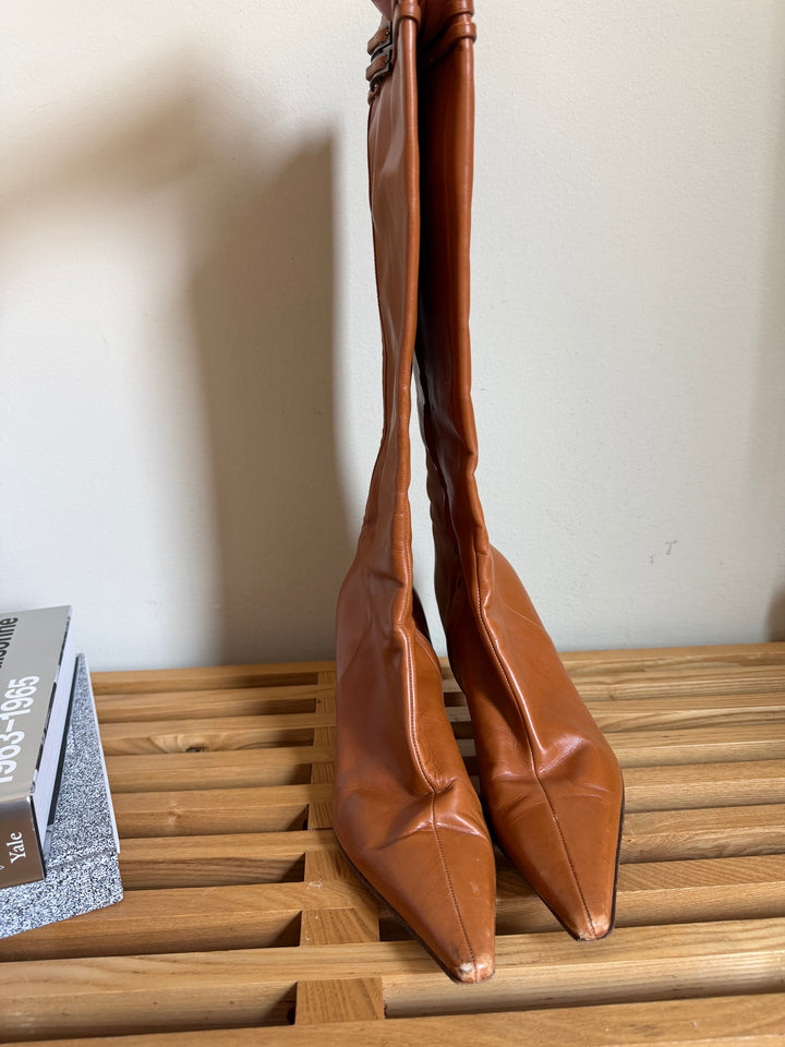 Vintage Dior Galliano Y2K Cognac Leather Pointed Toe Knee High Boots 38.5