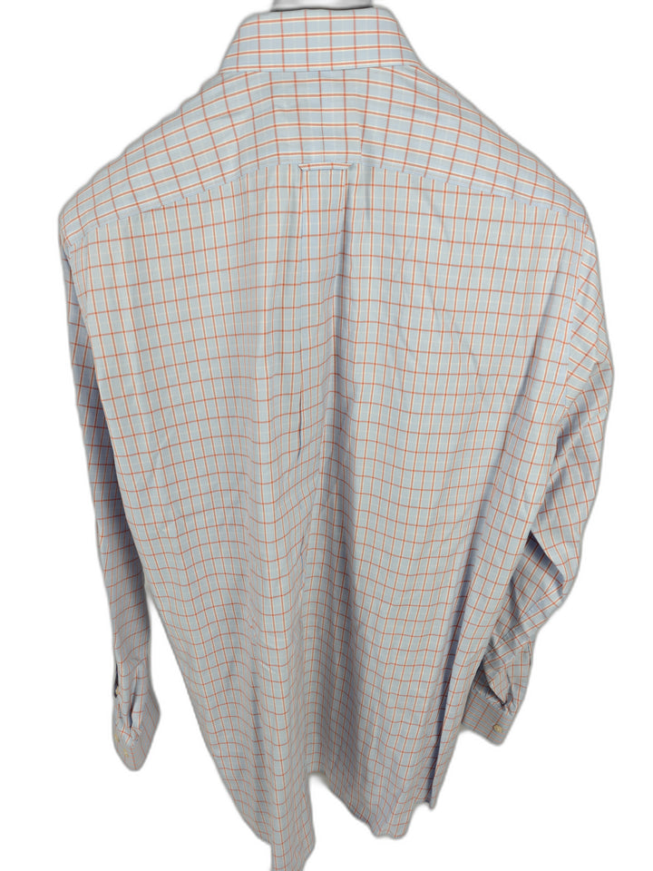 Men’s Kirkland Signature Dress Shirt Blue Orange Plaid Size 17.5 34/35