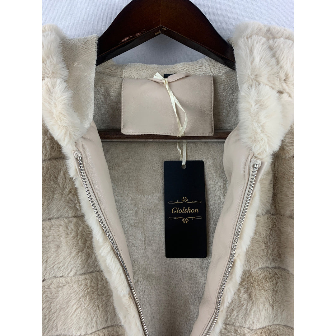 Women’s NWT Giolshon Cream Faux Fur Sweater with Hoodie Size L
