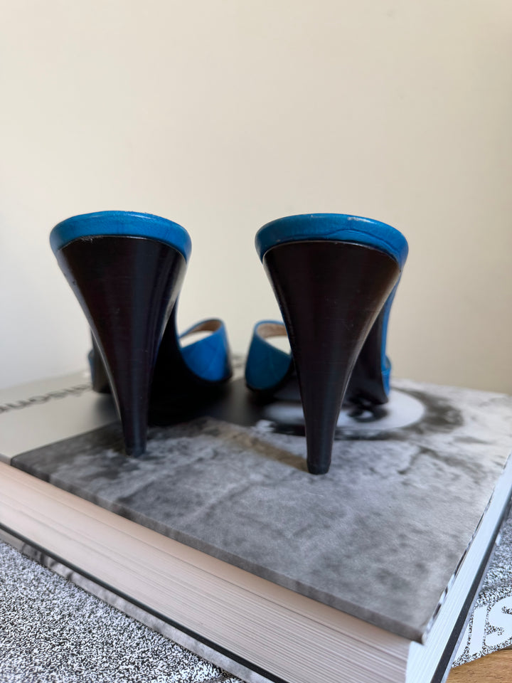 Vintage Celine Blue Croc Embossed Leather Heeled Mules 38.5