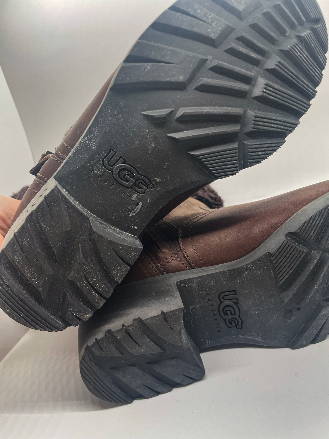 UGG Bellevue 1914 Brown leather Boots Womens US 8 Discontinued Shearling Heel Foldover