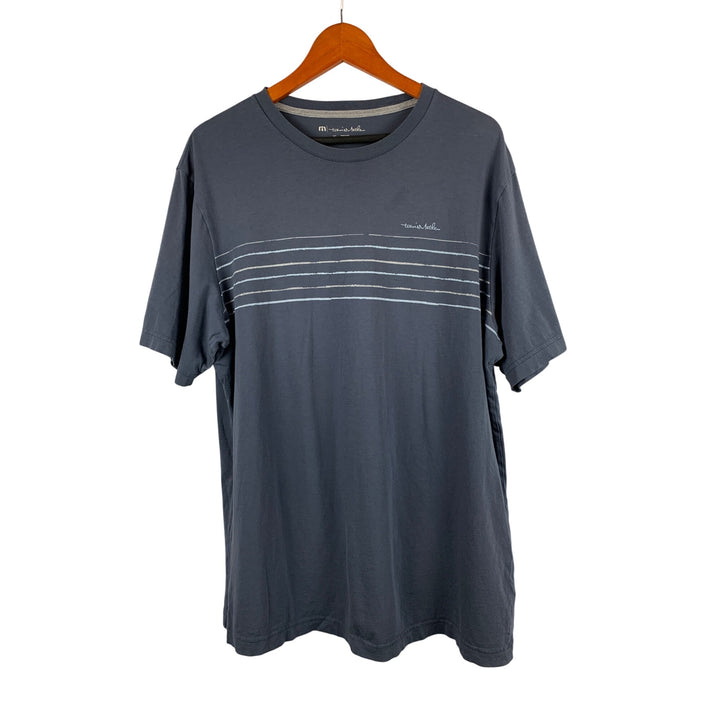 TravisMathew Mens XL Crew Neck T-Shirt Blue With White Stripes 100% Cotton