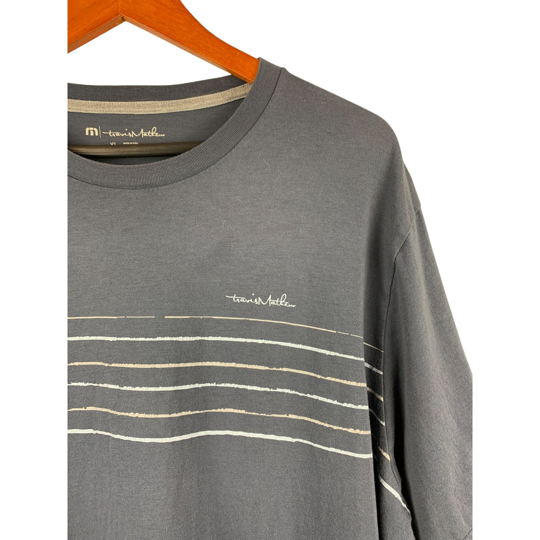 TravisMathew Mens XL Crew Neck T-Shirt Blue With White Stripes 100% Cotton