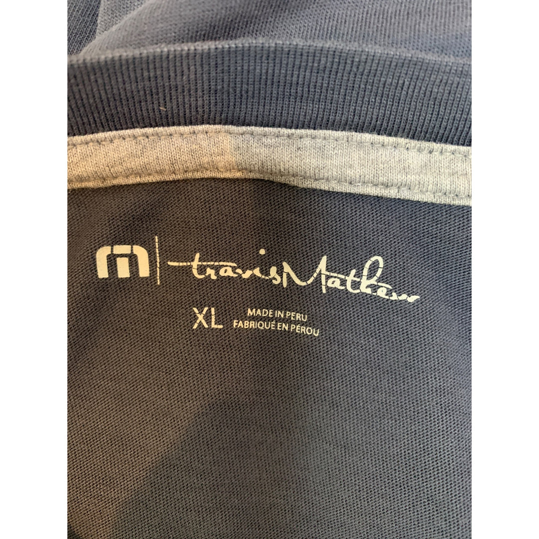 TravisMathew Mens XL Crew Neck T-Shirt Blue With White Stripes 100% Cotton