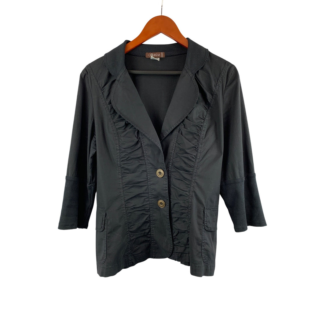 XCVI Womens Black 3/4 Sleeve Ruched Button-Front Jacket Size F