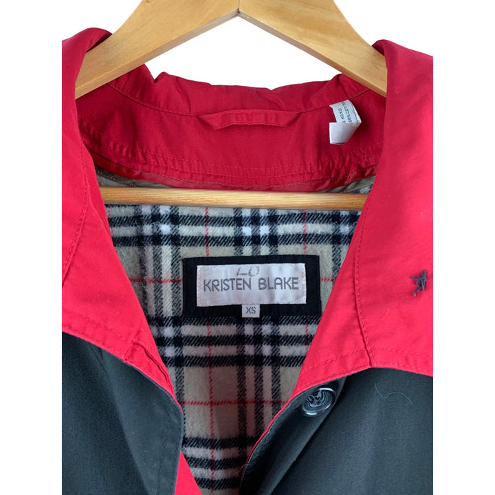 Kristen Blake Womens Black Trench Coat With Red Collar & Plaid Lining XS
