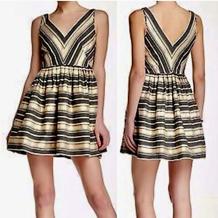 J.Crew Metallic Gold Black Stripe Fit and Flare Dress Sz10