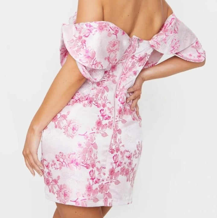 PrettyLittleThing Pink V-Bar Jacquard Expressive Sleeves Mini Bodycon Dress, Size 4