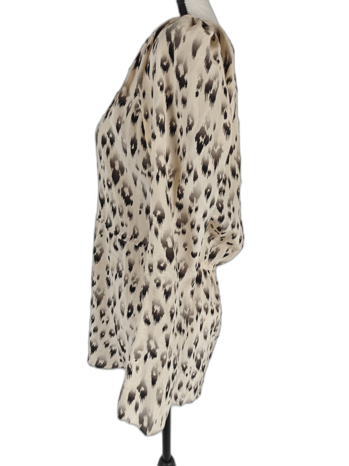 Womens Rebecca Taylor Silk Blouse Beige Black Animal Print