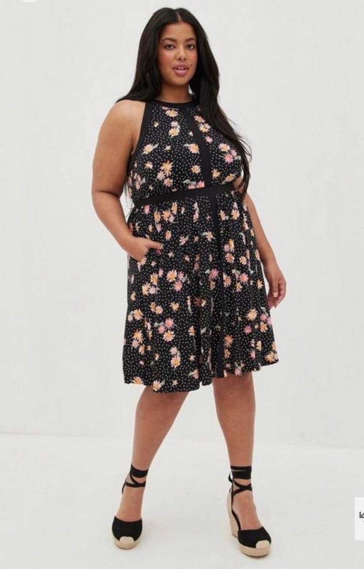 Torrid Floral Polka Dot Studio Knit Skater Dress Sz1X(14-16) NWT