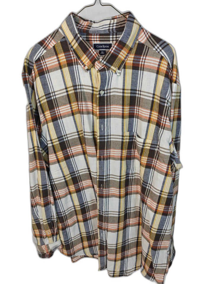 Club Room Men's XXL Plaid Flannel Shirt Button Down Long Sleeve Cotton Orange Blue