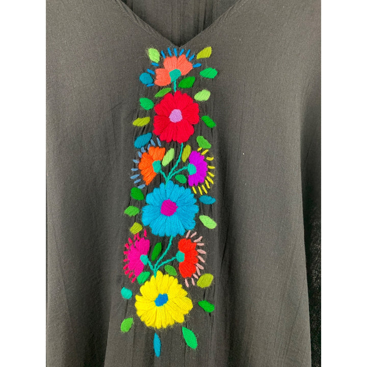 Black Short Sleeve Top With Colorful Floral Embroidery