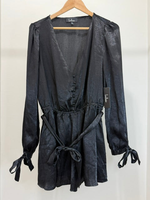 Lulus Moments of Love Black Satin Romper SzXL/14 NWT
