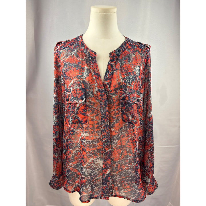 Collective Concepts Womens Blouse MP Red & Navy Abstract Print Long Sleeve Button-Down
