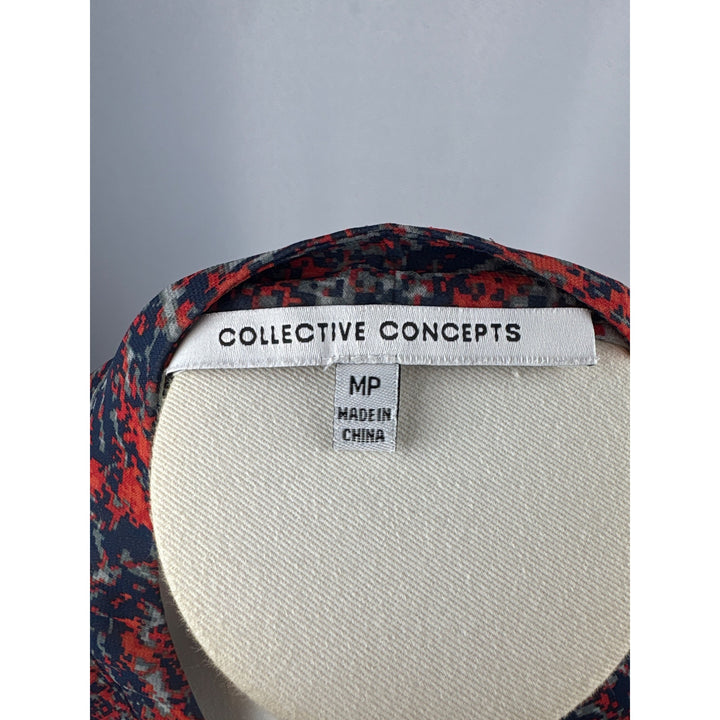 Collective Concepts Womens Blouse MP Red & Navy Abstract Print Long Sleeve Button-Down
