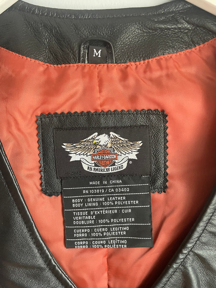 Harley Davidson Womens Black Leather Vest Zip Front Bar Shield Patch Sz M Vintage 2009