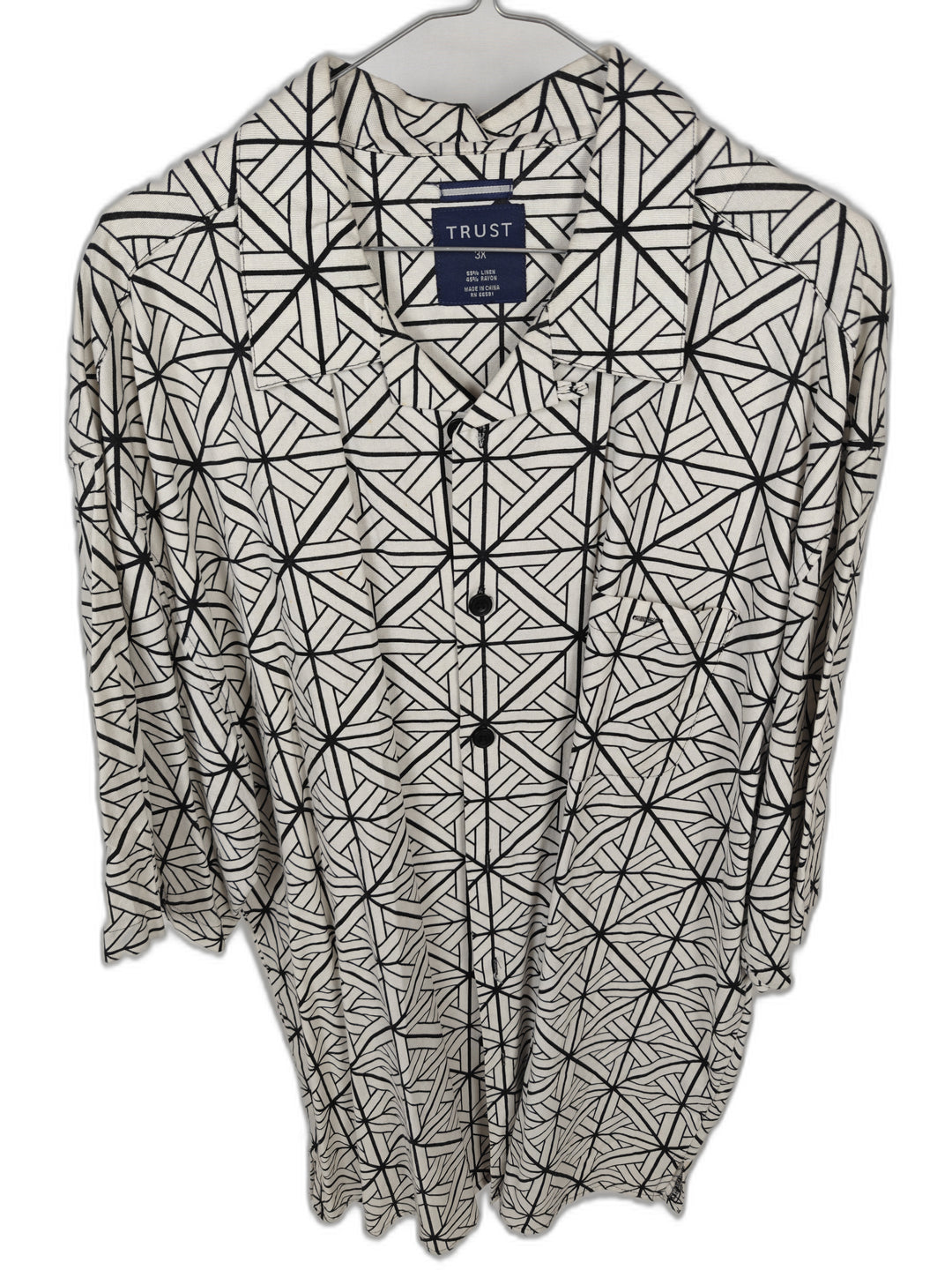 Trust Men's 3X White Black Geometric Linen Blend Button Front Shirt Size 3XL