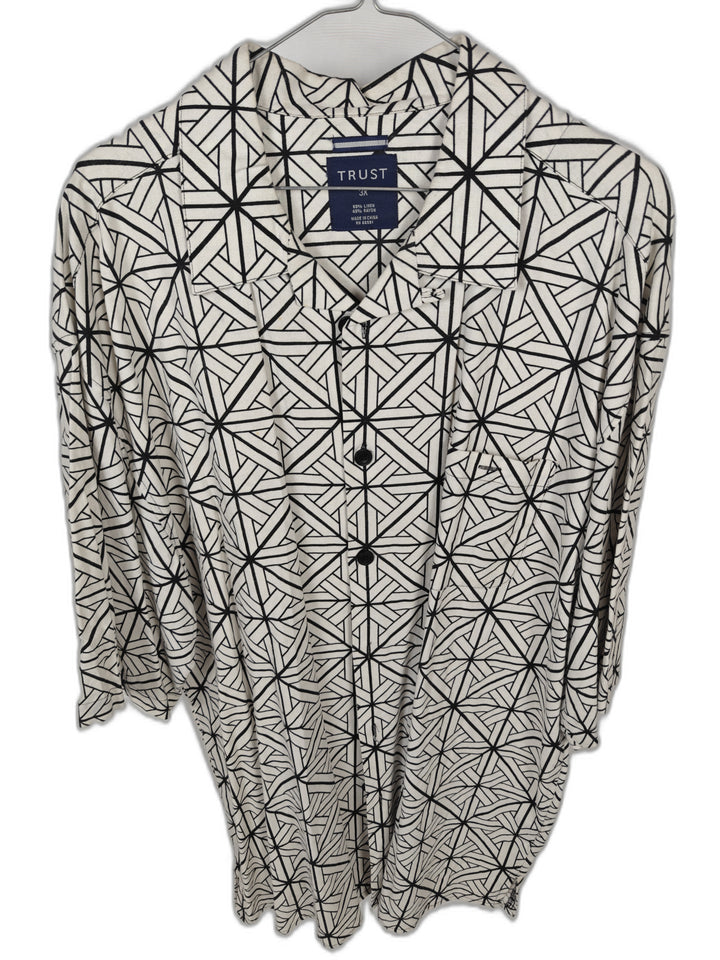 Trust Men's 3X White Black Geometric Linen Blend Button Front Shirt Size 3XL