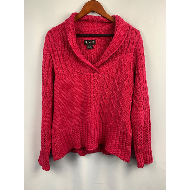 Style & Co. Womens Pink Cable Knit Shawl Collar Sweater L Hong Kong Cotton/Acrylic
