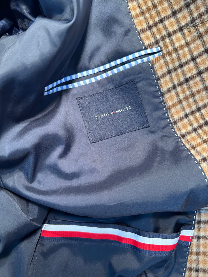Tommy Hilfiger Men’s Size 46L Brown Beige Wool Blend Plaid Overcoat Topcoat