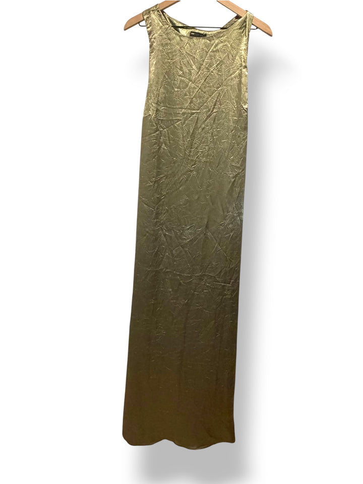ASOS Design Olive Sage Green Crushed Satin Maxi Dress Size 14 Halter Evening Y2K