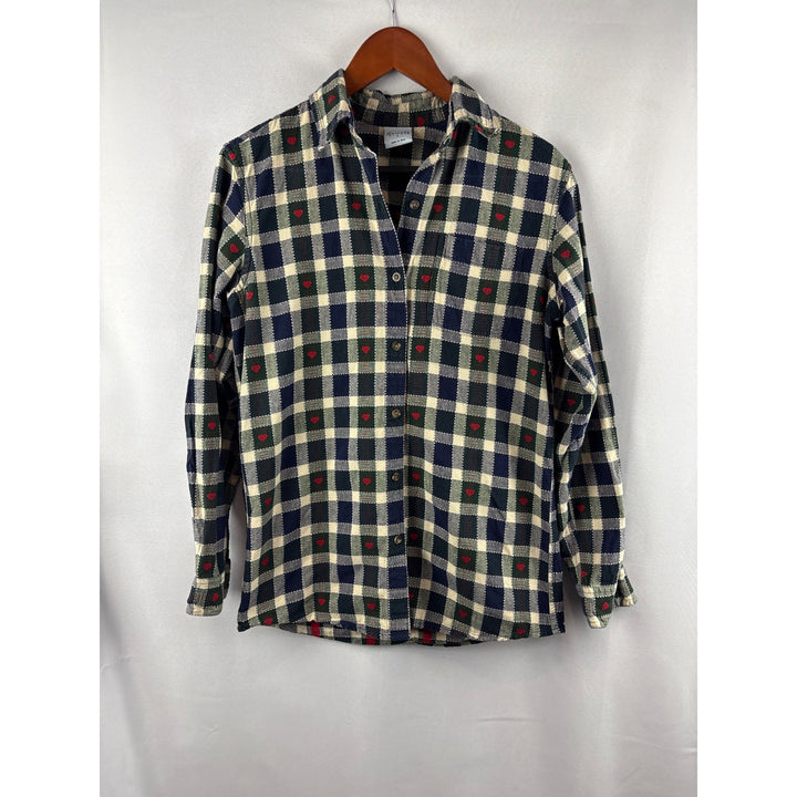 Cascade Blues Womens S Plaid Heart Button-Up Shirt 100% Cotton