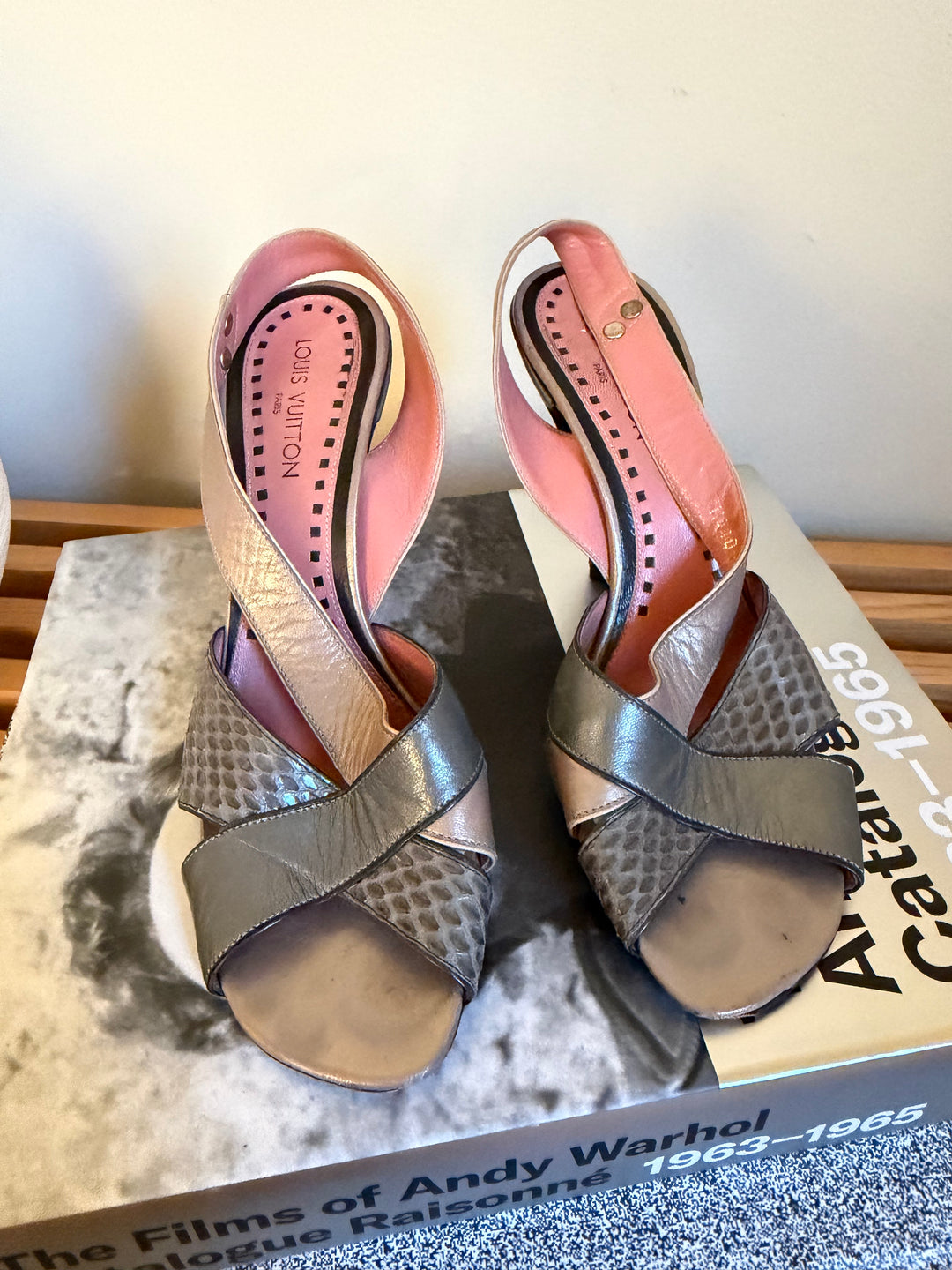 Vintage Louis Vuitton Metallic Leather &amp; Snakeskin Slingback Heels Size 38.5