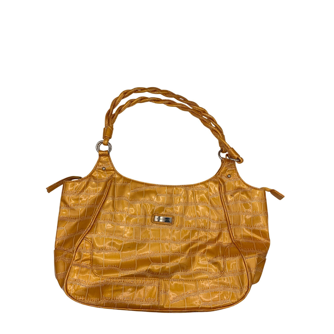 Sag Harbor Faux Croc Embossed Gold Shoulder Bag With Braided Handles