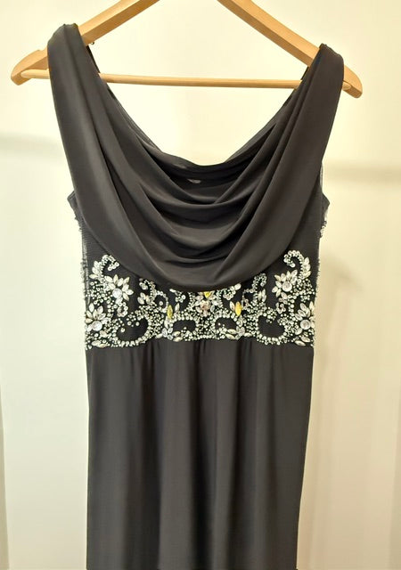 Black Ruched Metallic Jewel Evening Gown Fits Sz4–8