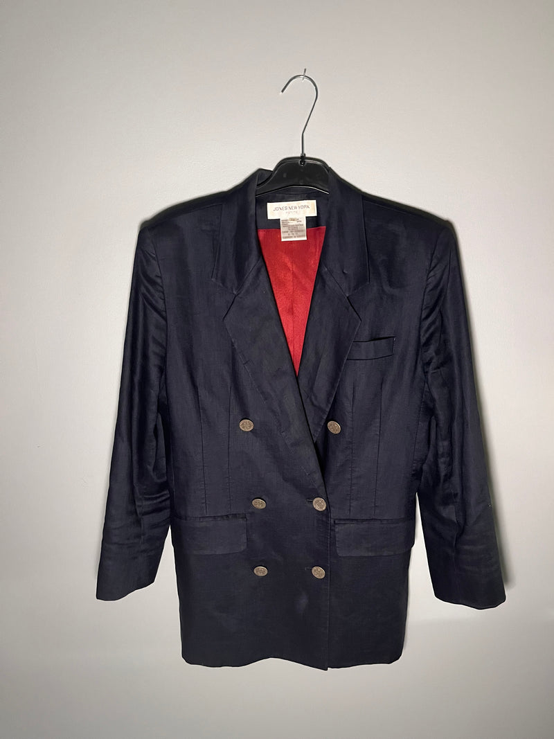 Vintage Women's Navy Blue Double Breasted Linen Blazer Jones New York Size 12P