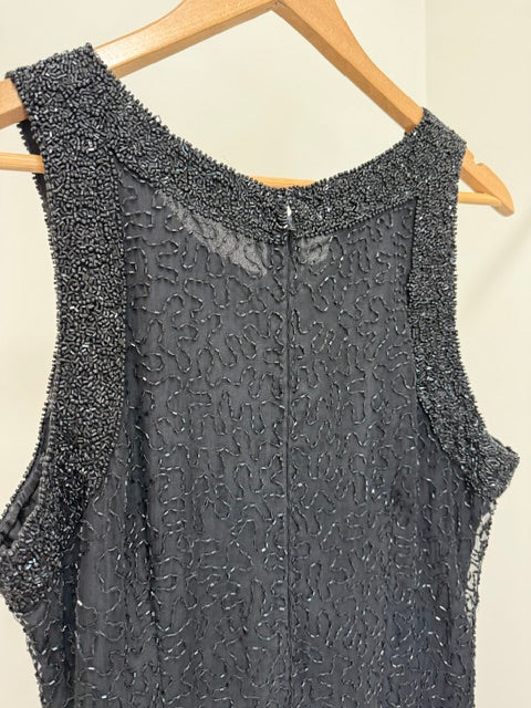 Laurence Kazar 90s Vintage Silk Black Beaded Dress SzL