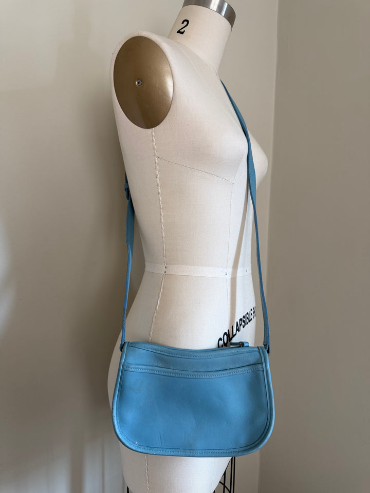 Vintage Coach Rare Glacier Blue Leather Crossbody Shoulder Bag Brass Hardware