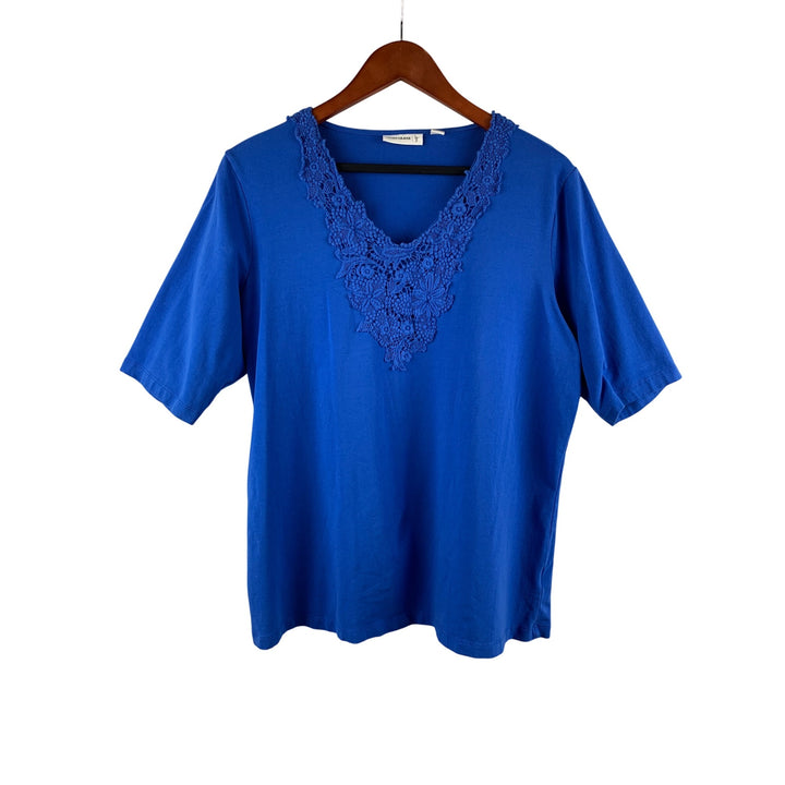 Susan Graver Womens Blue Crochet V-Neck Top L