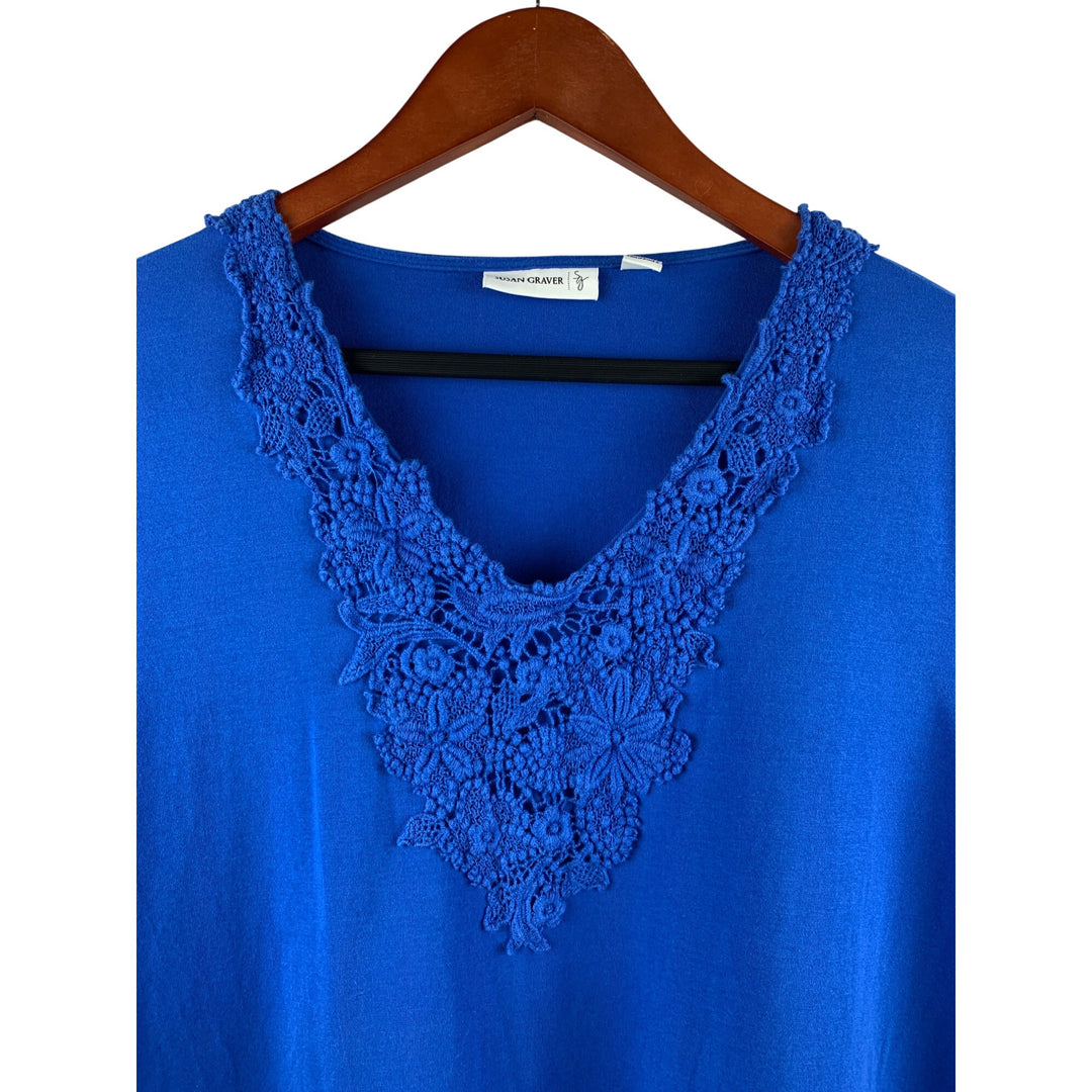 Susan Graver Womens Blue Crochet V-Neck Top L