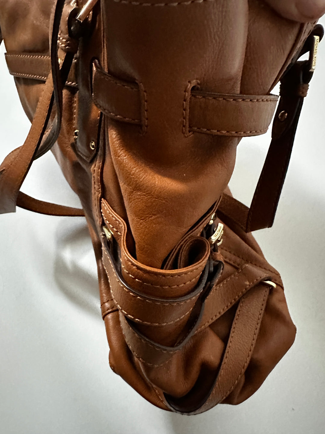 Michael Kors Brown Leather Belted Satchel Shoulder Bag Gold Hardware