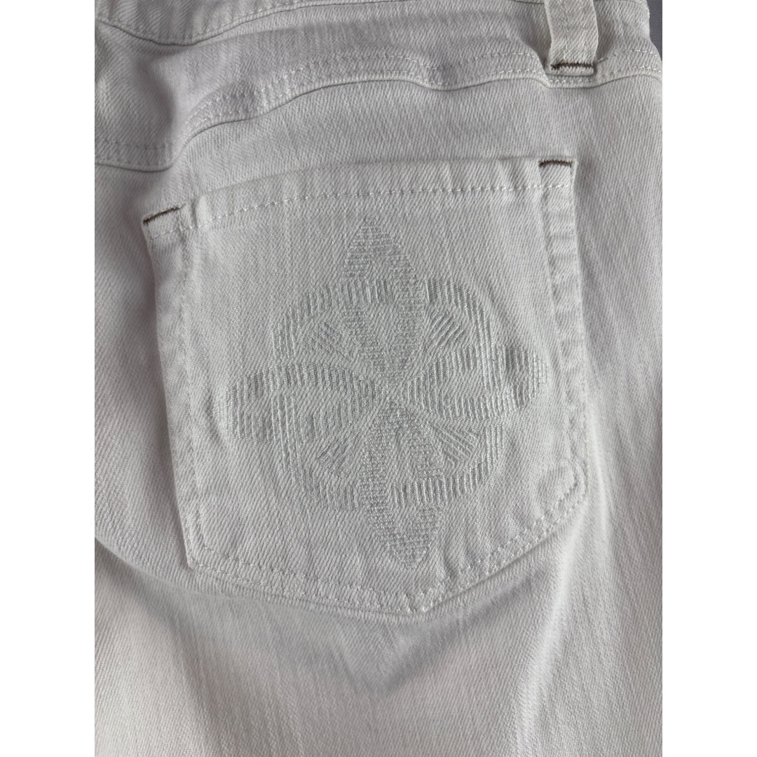 Cabi White Denim Jeans Womens Size 6 Embroidered Back Pockets Slim Fit