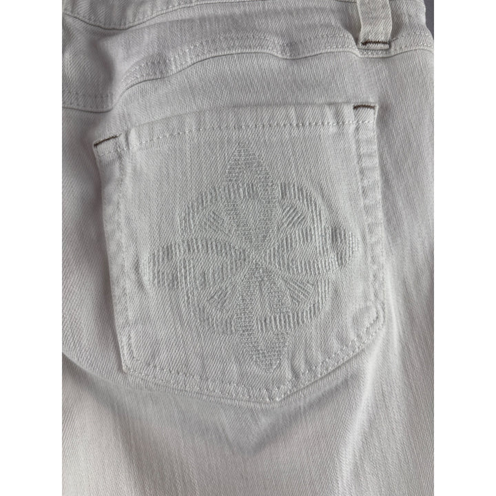 Cabi White Denim Jeans Womens Size 6 Embroidered Back Pockets Slim Fit