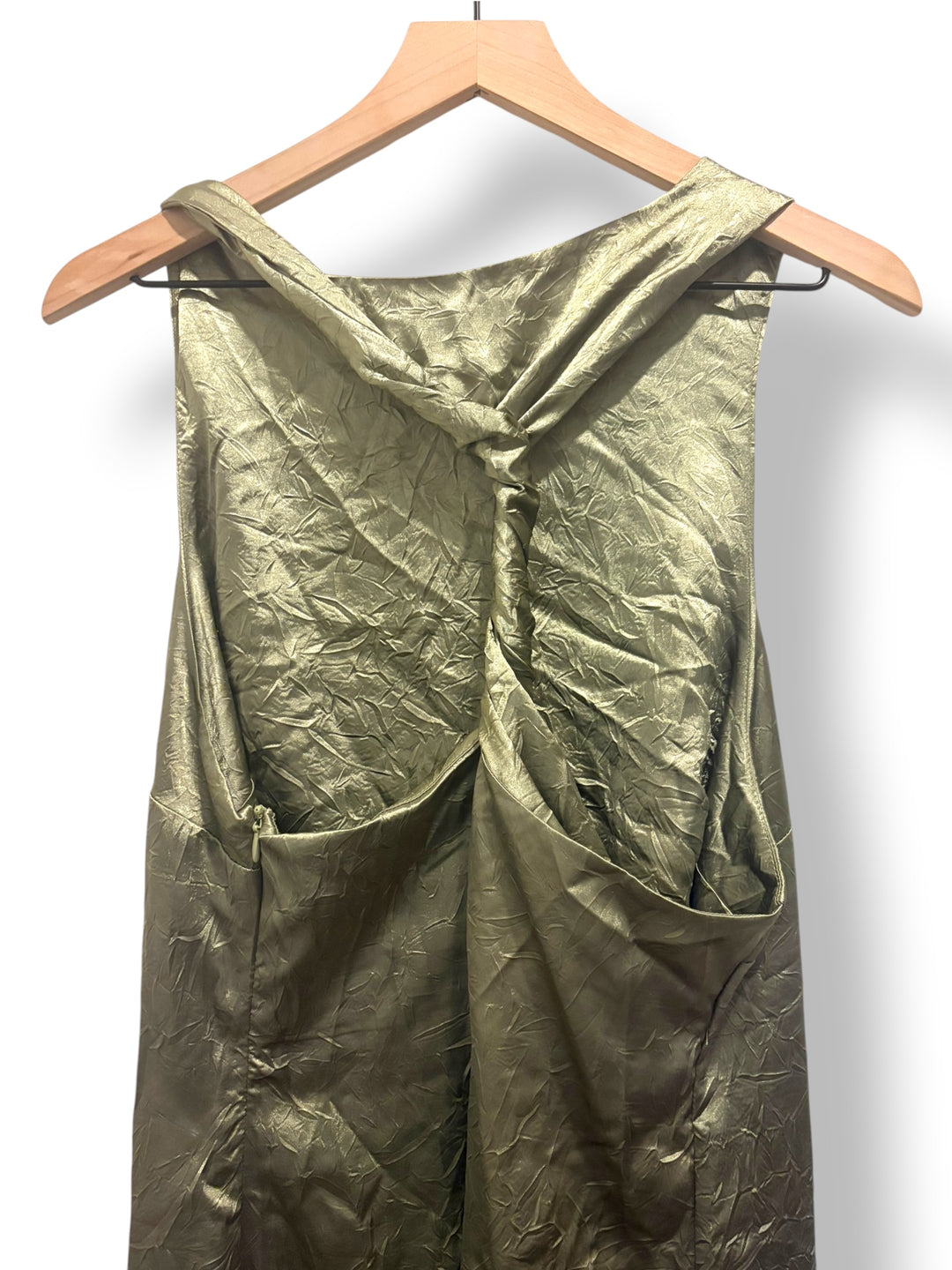ASOS Design Olive Sage Green Crushed Satin Maxi Dress Size 14 Halter Evening Y2K