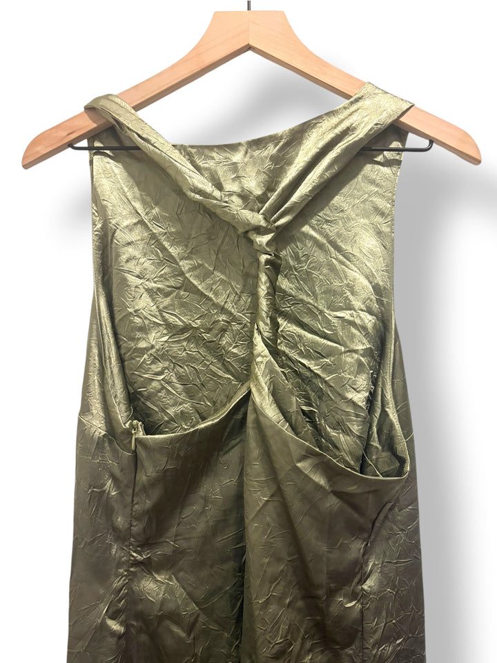 ASOS Design Olive Sage Green Crushed Satin Maxi Dress Size 14 Halter Evening Y2K
