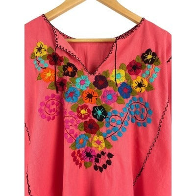 Mexican Embroidered Floral Poncho Top In Pink